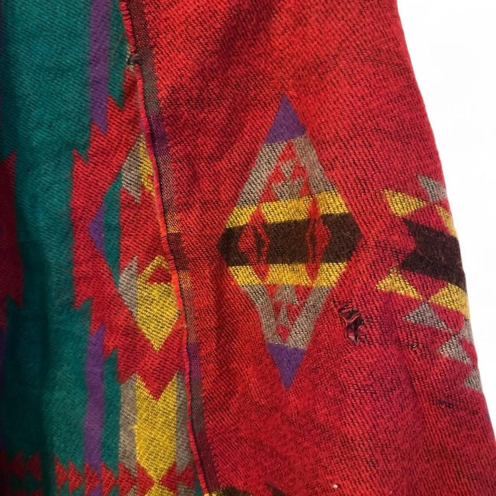 Western Southwest Mexican Aztec Fringe Poncho Shawl Hooded Red OS Toggle - Picture 3 of 3